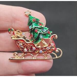 Christmas Santa Sleigh Brooch Enamel and Rhinestones Tree Candy Cane Smaller